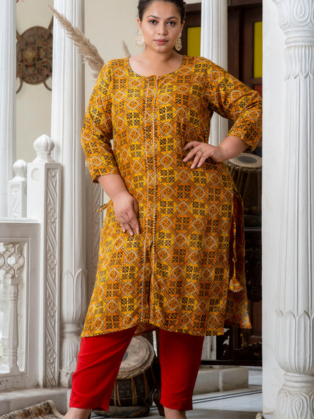 Cotton Printed Yellow Calf-Length Kurti with Three Quarter Sleeves (Plus Size)