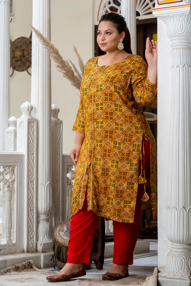 Cotton Printed Yellow Calf-Length Kurti with Three Quarter Sleeves (Plus Size)