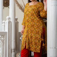Cotton Printed Yellow Calf-Length Kurti with Three Quarter Sleeves (Plus Size)