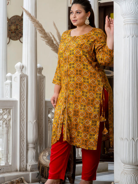 Cotton Printed Yellow Calf-Length Kurti with Three Quarter Sleeves (Plus Size)