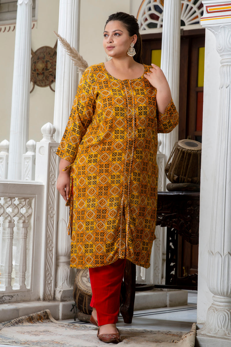 Cotton Printed Yellow Calf-Length Kurti with Three Quarter Sleeves (Plus Size)