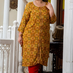 Cotton Printed Yellow Calf-Length Kurti with Three Quarter Sleeves (Plus Size)