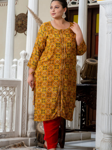 Cotton Printed Yellow Calf-Length Kurti with Three Quarter Sleeves (Plus Size)