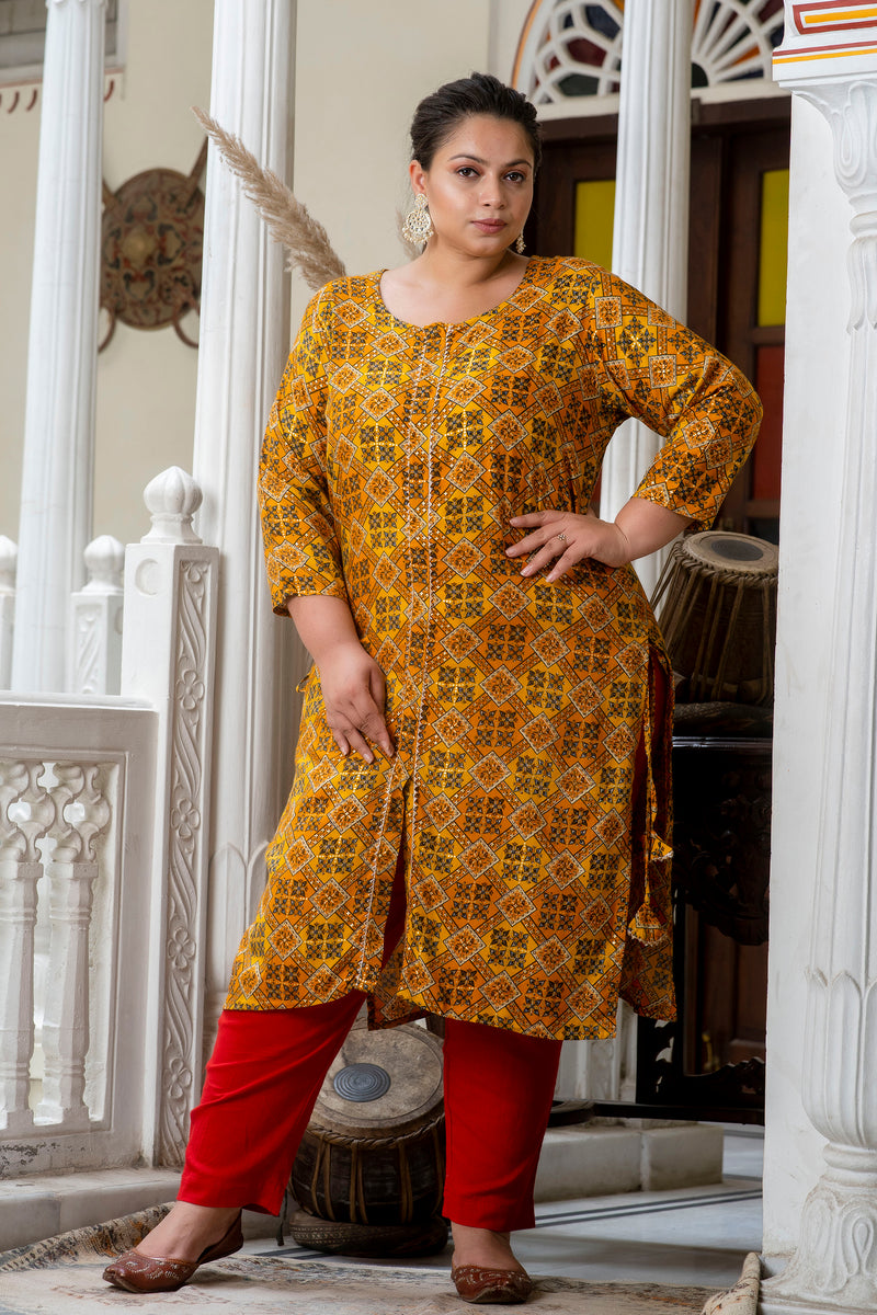 Cotton Printed Yellow Calf-Length Kurti with Three Quarter Sleeves (Plus Size)
