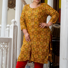 Cotton Printed Yellow Calf-Length Kurti with Three Quarter Sleeves (Plus Size)