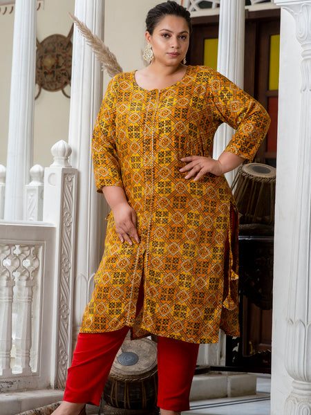 Cotton Printed Yellow Calf-Length Kurti with Three Quarter Sleeves (Plus Size)