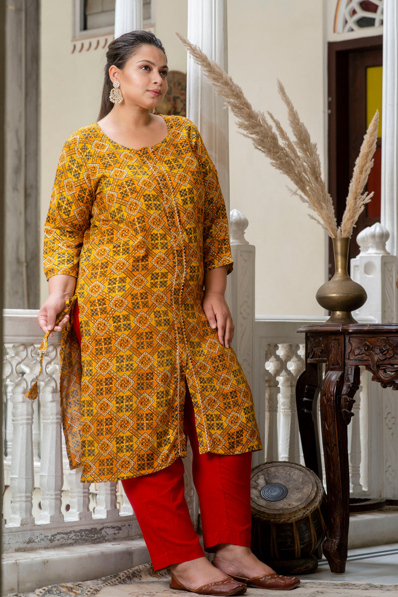 Cotton Printed Yellow Calf-Length Kurti with Three Quarter Sleeves (Plus Size)