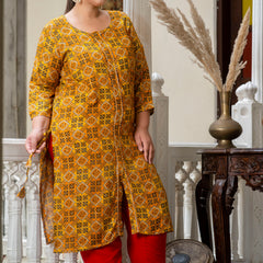 Cotton Printed Yellow Calf-Length Kurti with Three Quarter Sleeves (Plus Size)