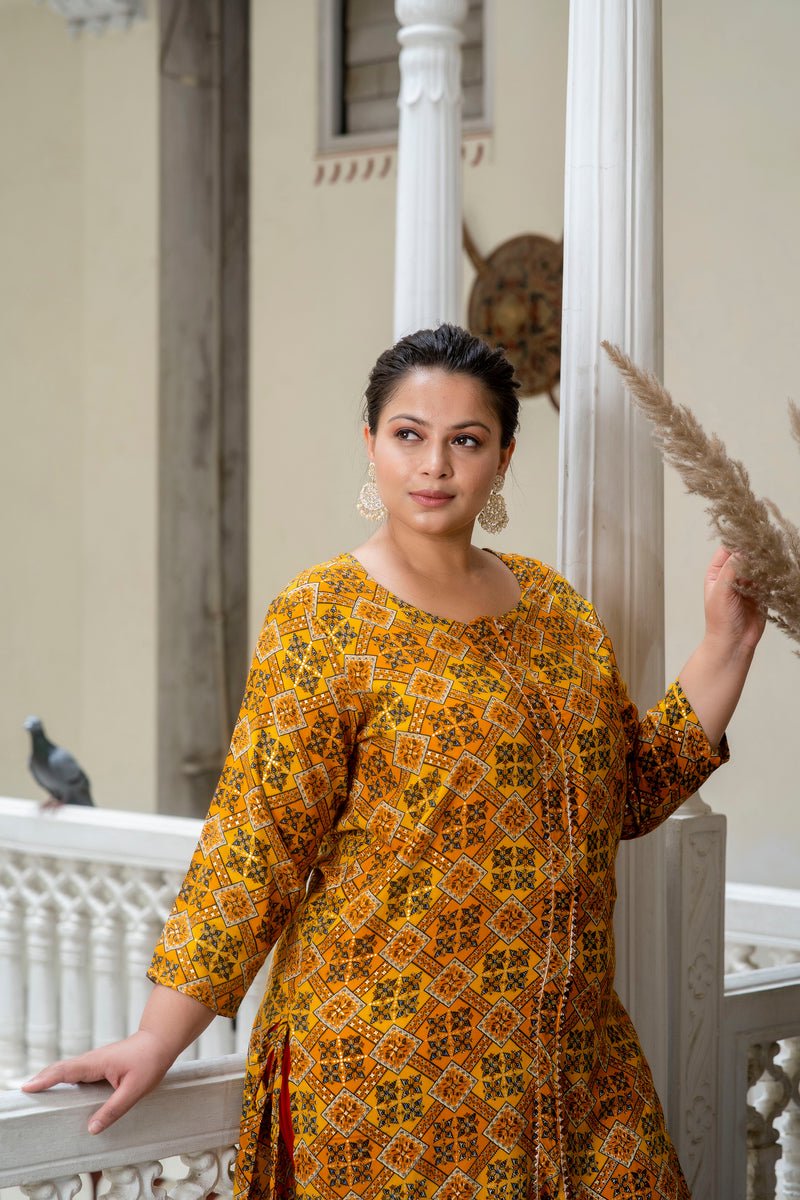 Cotton Printed Yellow Calf-Length Kurti with Three Quarter Sleeves (Plus Size)