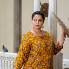 Cotton Printed Yellow Calf-Length Kurti with Three Quarter Sleeves (Plus Size)