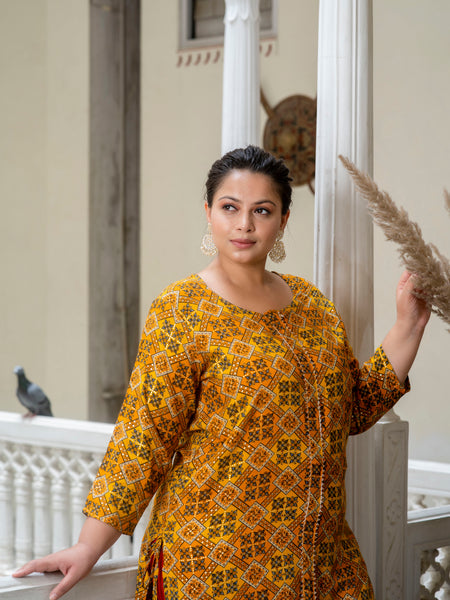 Cotton Printed Yellow Calf-Length Kurti with Three Quarter Sleeves (Plus Size)