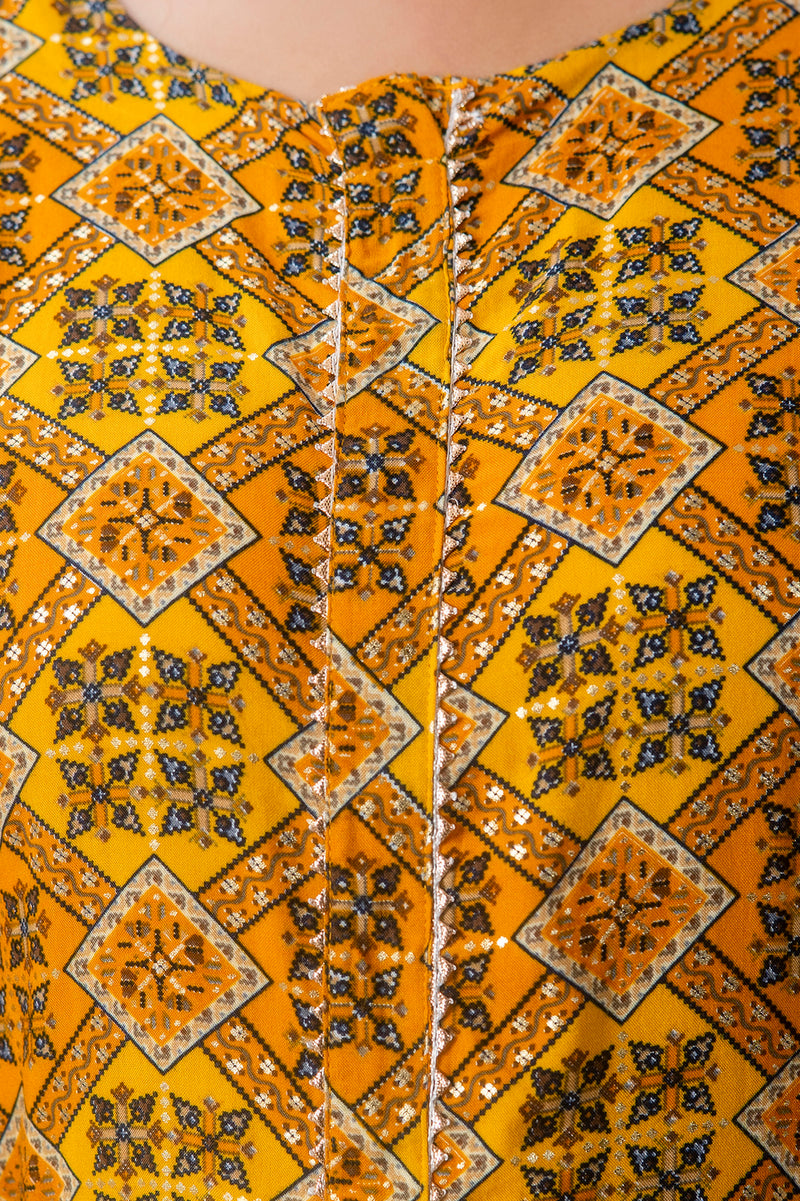 Cotton Printed Yellow Calf-Length Kurti with Three Quarter Sleeves (Plus Size)