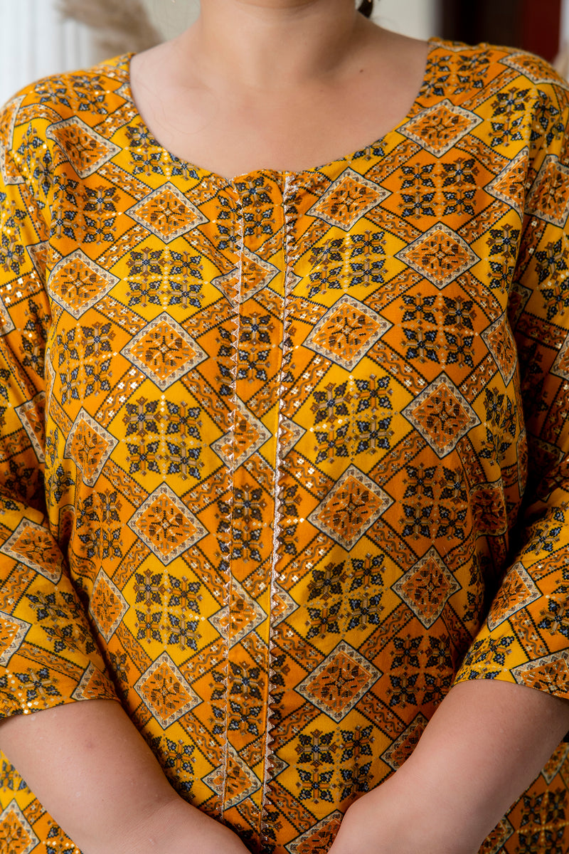 Cotton Printed Yellow Calf-Length Kurti with Three Quarter Sleeves (Plus Size)
