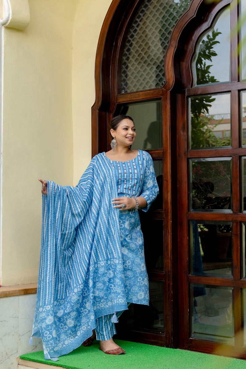 Sky Blue Cotton Printed Kurta Pant Dupatta Set (Plus Size)