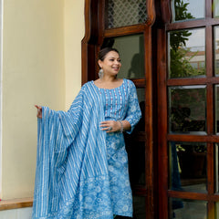 Sky Blue Cotton Printed Kurta Pant Dupatta Set (Plus Size)