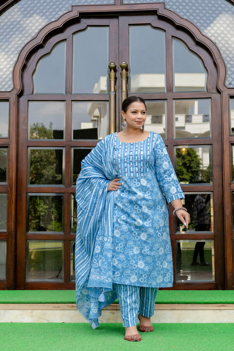 Sky Blue Cotton Printed Kurta Pant Dupatta Set (Plus Size)