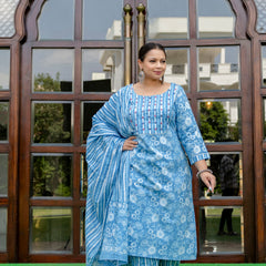 Sky Blue Cotton Printed Kurta Pant Dupatta Set (Plus Size)