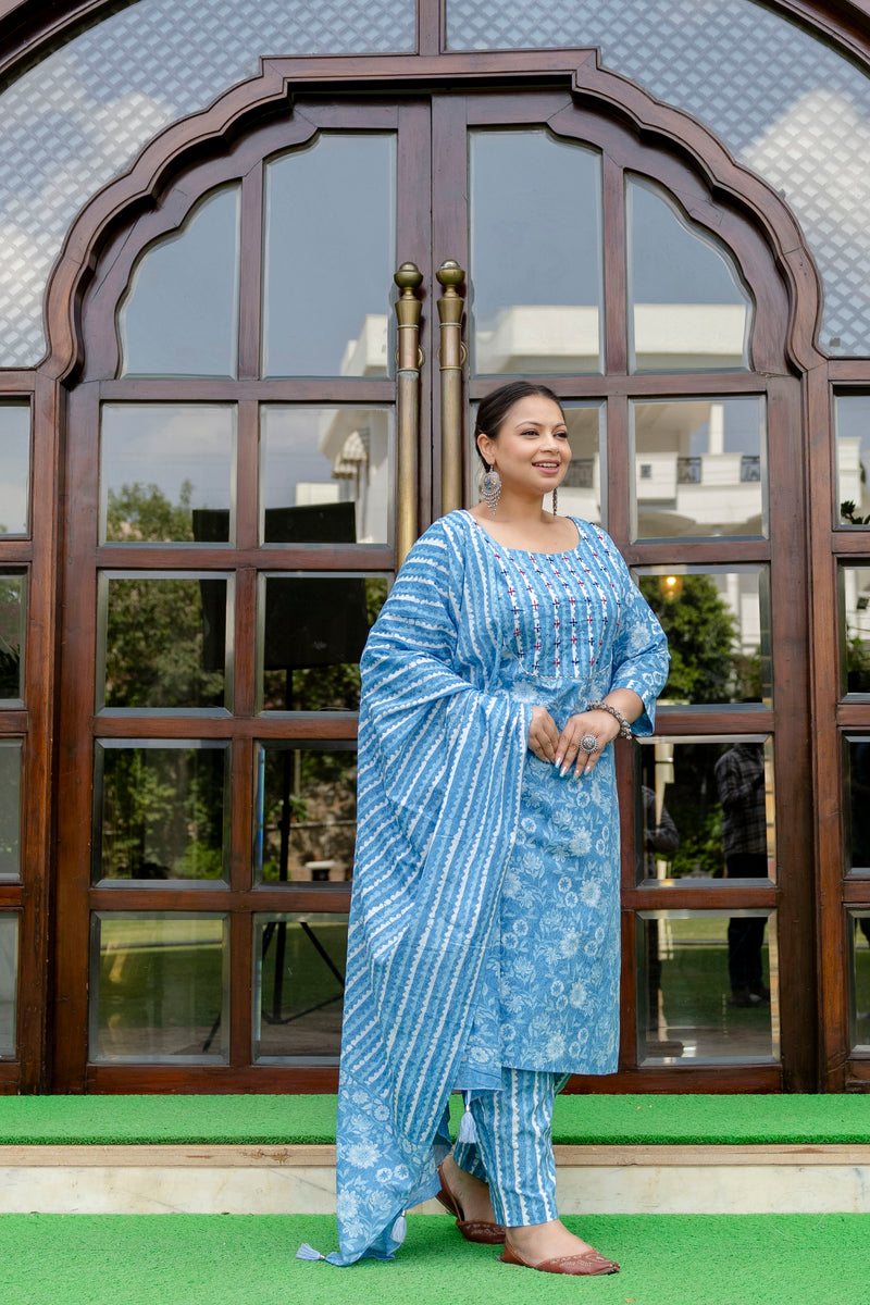 Sky Blue Cotton Printed Kurta Pant Dupatta Set (Plus Size)