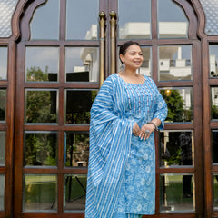 Sky Blue Cotton Printed Kurta Pant Dupatta Set (Plus Size)