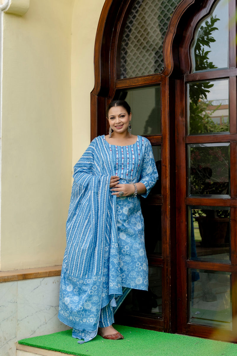 Sky Blue Cotton Printed Kurta Pant Dupatta Set (Plus Size)