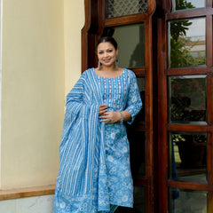 Sky Blue Cotton Printed Kurta Pant Dupatta Set (Plus Size)