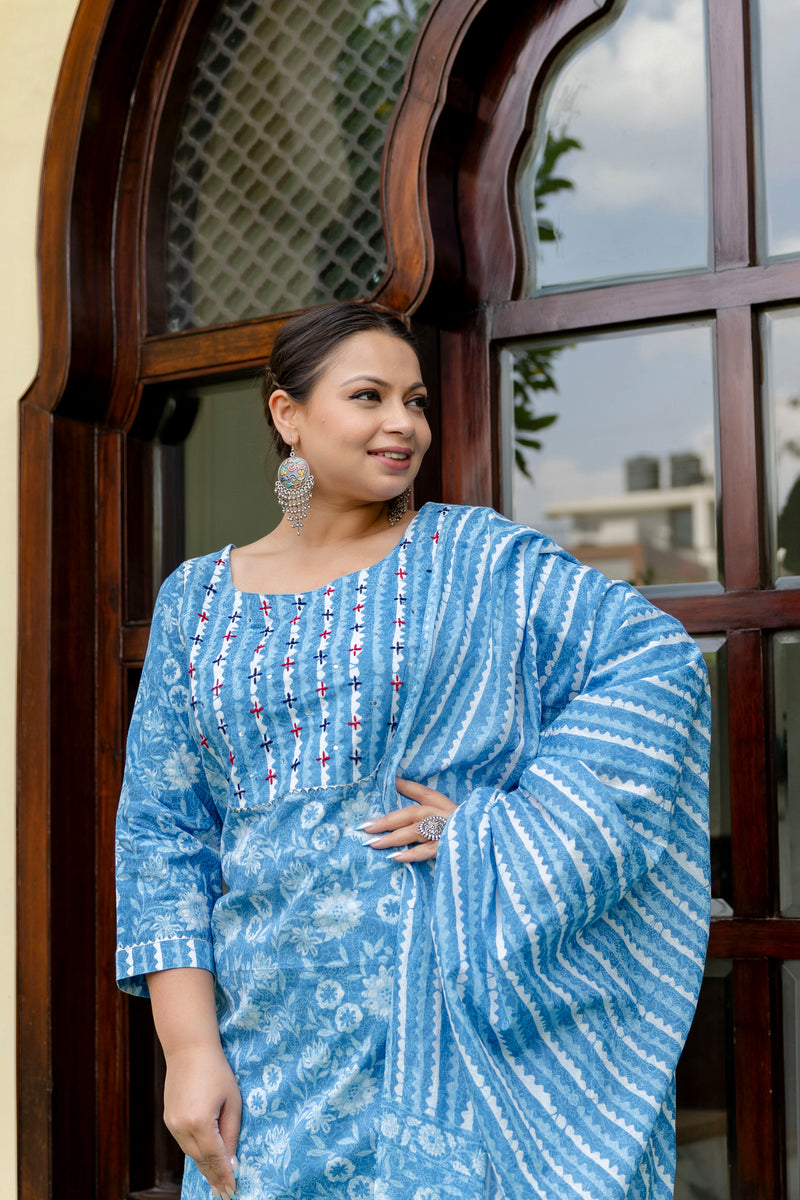 Sky Blue Cotton Printed Kurta Pant Dupatta Set (Plus Size)