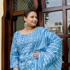 Sky Blue Cotton Printed Kurta Pant Dupatta Set (Plus Size)