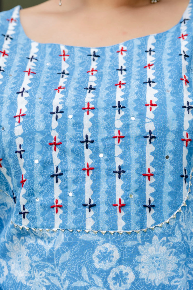 Sky Blue Cotton Printed Kurta Pant Dupatta Set (Plus Size)