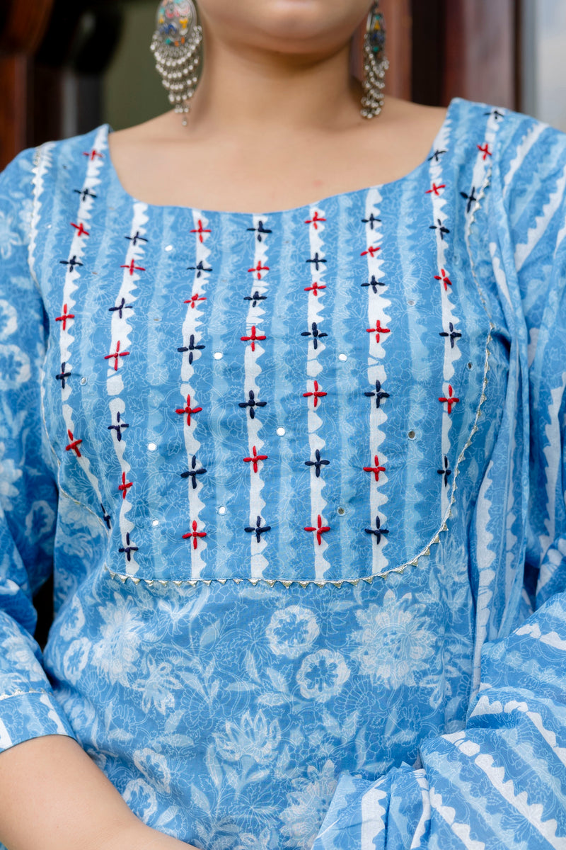 Sky Blue Cotton Printed Kurta Pant Dupatta Set (Plus Size)
