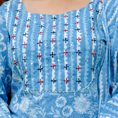 Sky Blue Cotton Printed Kurta Pant Dupatta Set (Plus Size)