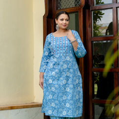 Sky Blue Cotton Printed Kurta Pant Dupatta Set (Plus Size)