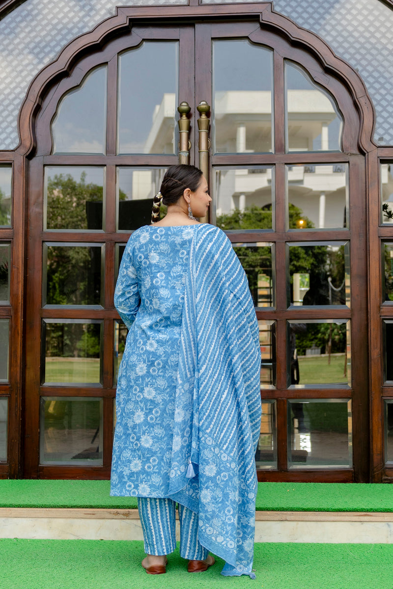 Sky Blue Cotton Printed Kurta Pant Dupatta Set (Plus Size)