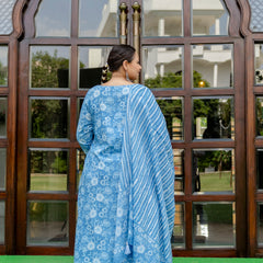 Sky Blue Cotton Printed Kurta Pant Dupatta Set (Plus Size)