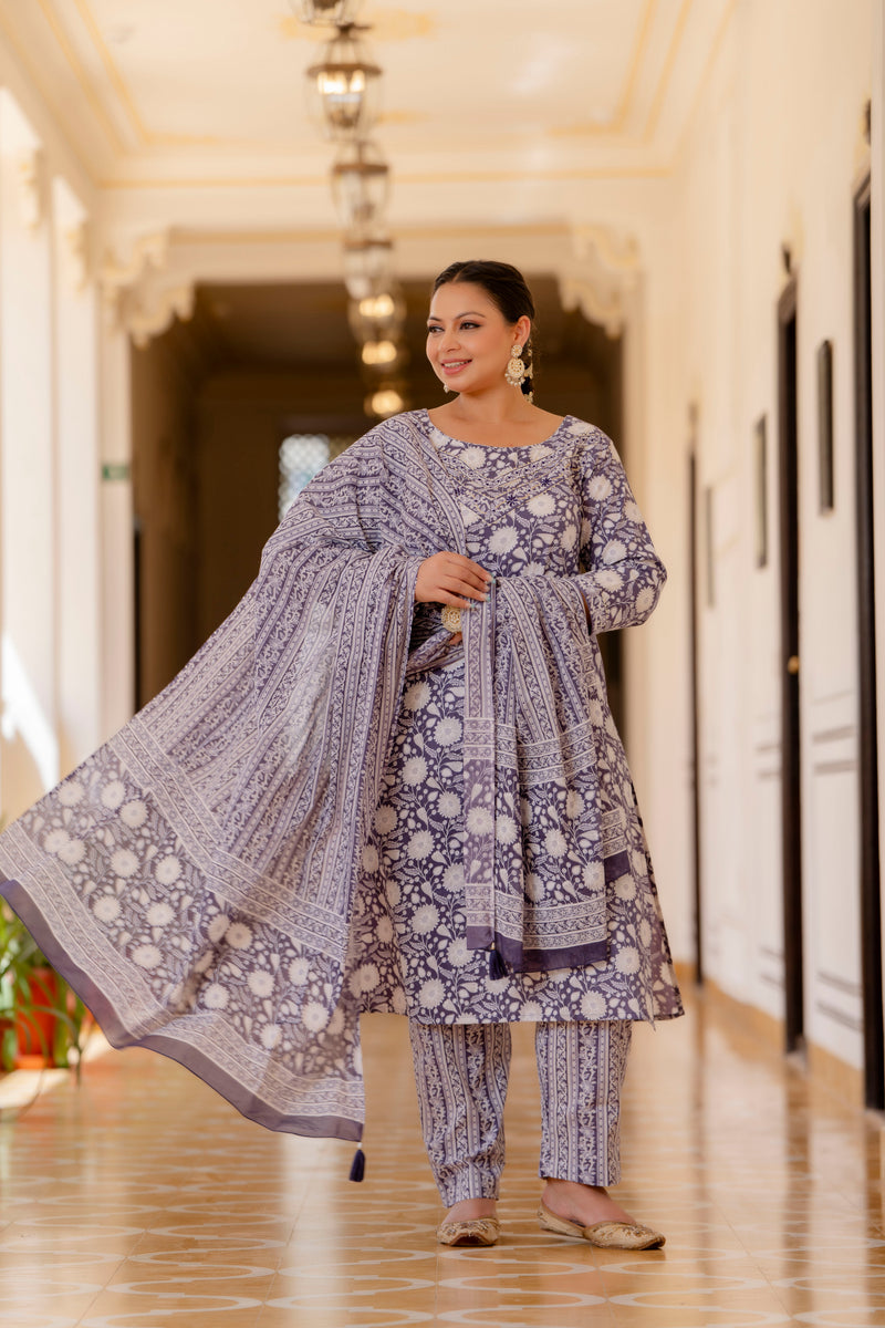 Purple Cotton Printed Kurta Pant Dupatta Set (Plus Size)