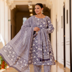 Purple Cotton Printed Kurta Pant Dupatta Set (Plus Size)