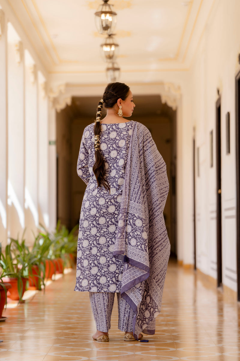 Purple Cotton Printed Kurta Pant Dupatta Set (Plus Size)