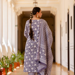 Purple Cotton Printed Kurta Pant Dupatta Set (Plus Size)