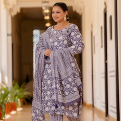 Purple Cotton Printed Kurta Pant Dupatta Set (Plus Size)