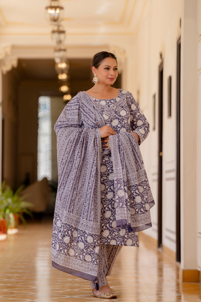 Purple Cotton Printed Kurta Pant Dupatta Set (Plus Size)