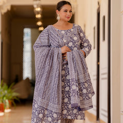 Purple Cotton Printed Kurta Pant Dupatta Set (Plus Size)