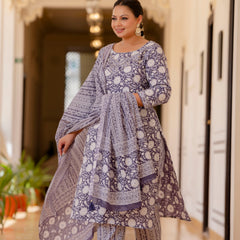 Purple Cotton Printed Kurta Pant Dupatta Set (Plus Size)