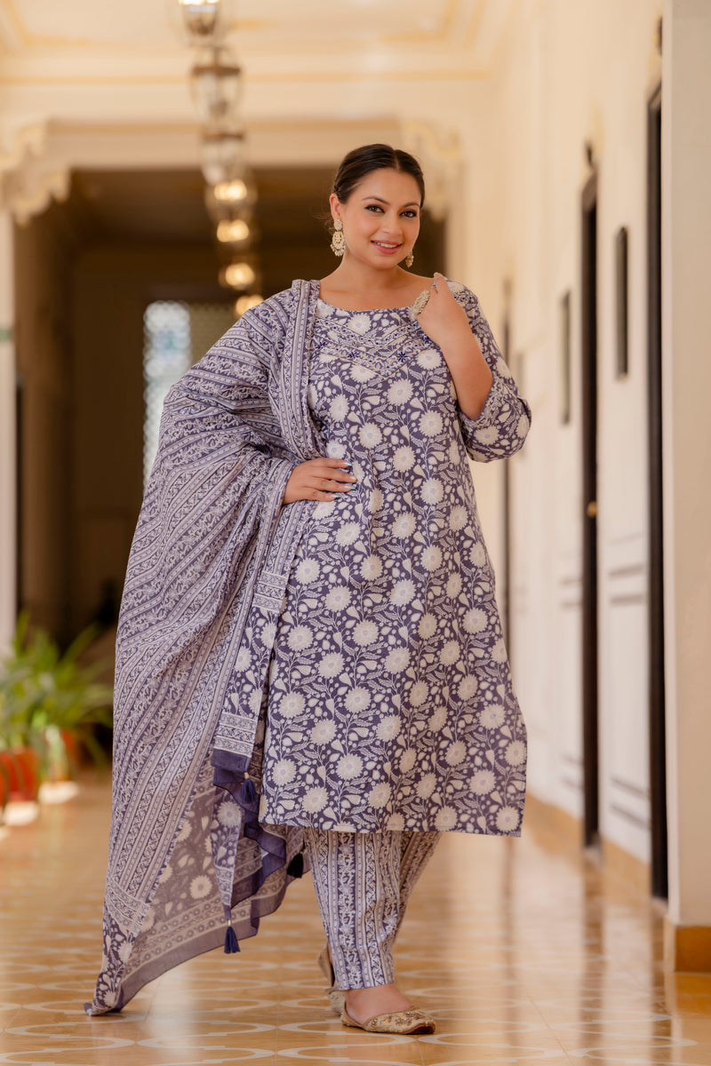 Purple Cotton Printed Kurta Pant Dupatta Set (Plus Size)