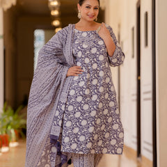 Purple Cotton Printed Kurta Pant Dupatta Set (Plus Size)