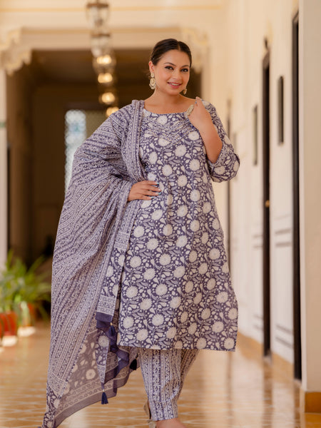 Purple Cotton Printed Kurta Pant Dupatta Set (Plus Size)