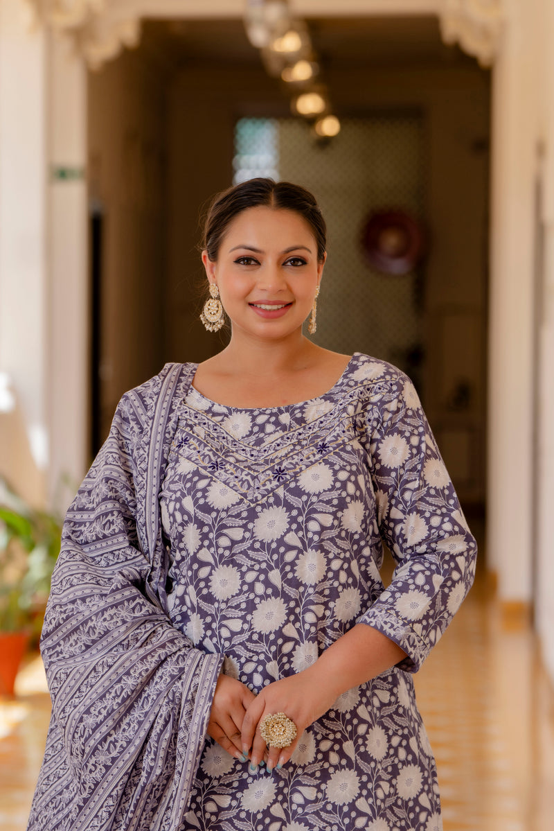 Purple Cotton Printed Kurta Pant Dupatta Set (Plus Size)