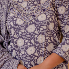 Purple Cotton Printed Kurta Pant Dupatta Set (Plus Size)