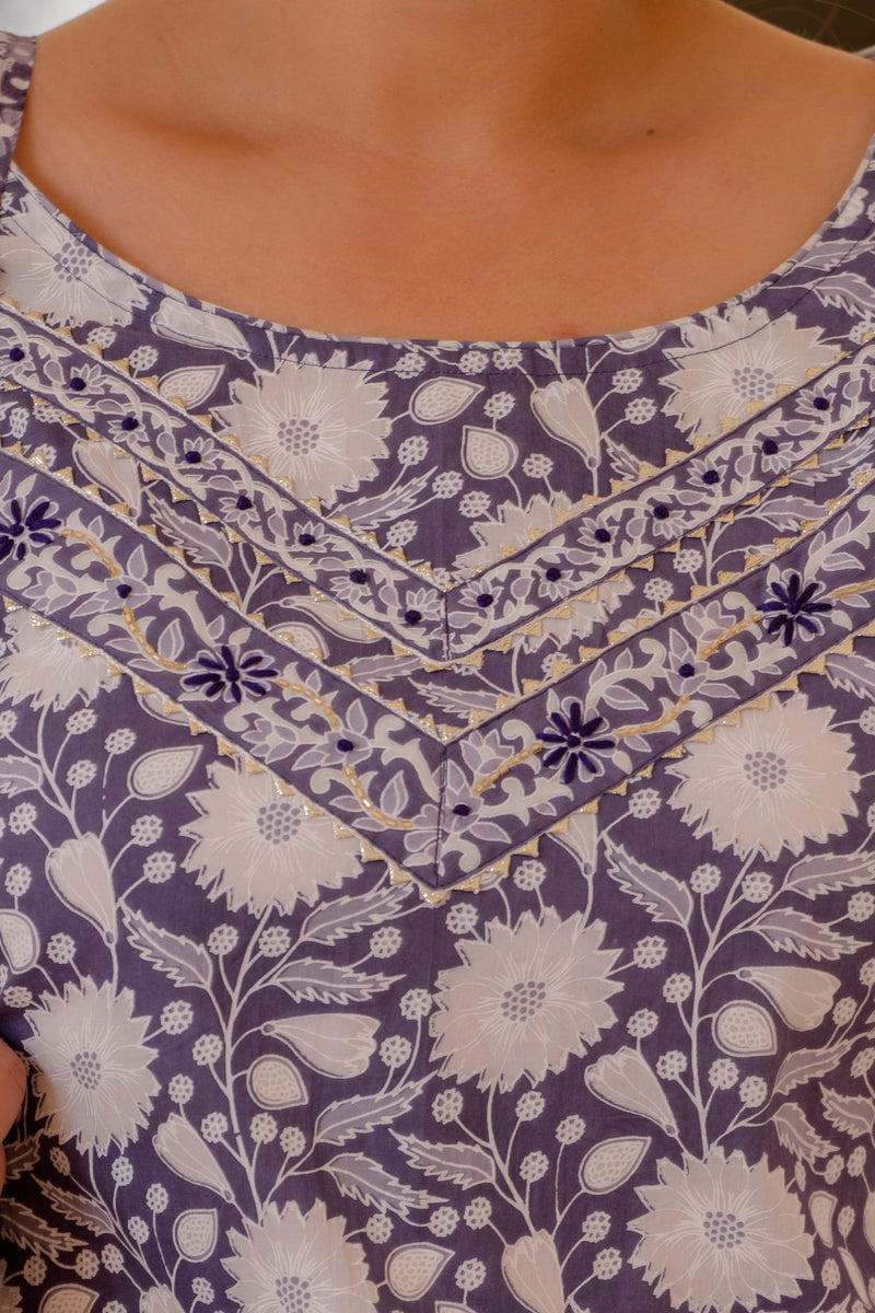 Purple Cotton Printed Kurta Pant Dupatta Set (Plus Size)