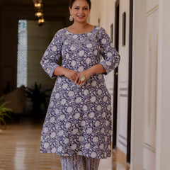 Purple Cotton Printed Kurta Pant Dupatta Set (Plus Size)