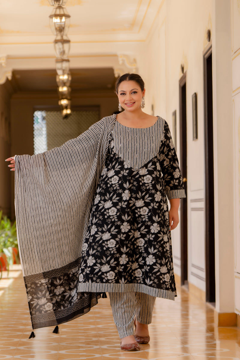 Black Cotton Printed Kurta Pant Dupatta Set (Plus Size)