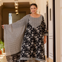 Black Cotton Printed Kurta Pant Dupatta Set (Plus Size)
